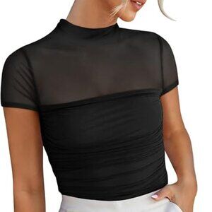 Black Mesh Mock Neck Short Sleeve Top